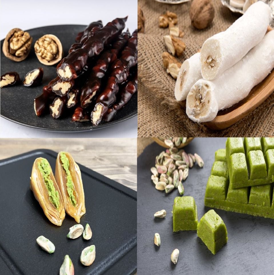 (250 şer gram fıstık ezmesi, cevizli sucuk ,köpüklü sucuk, Antep fıstıklı samsa )